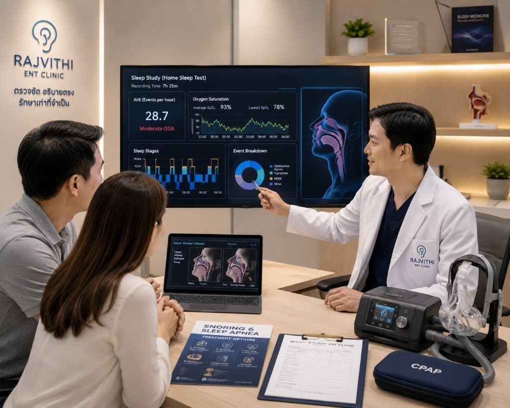 แพทย์เฉพาะทางอธิบายผล Home Sleep Test และทางเลือก CPAP ให้คู่สมรสในคลินิกนอนกรน